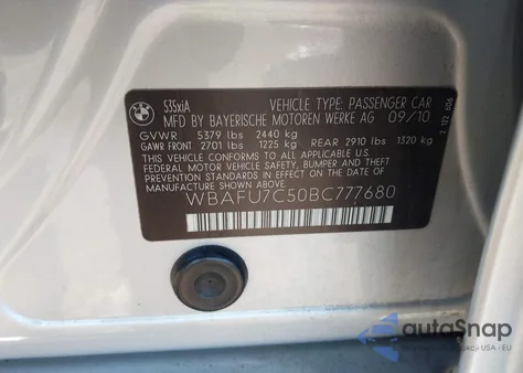 2011 BMW 535I xDrive из США, поврежденный, VIN WBAFU7C50BC777680